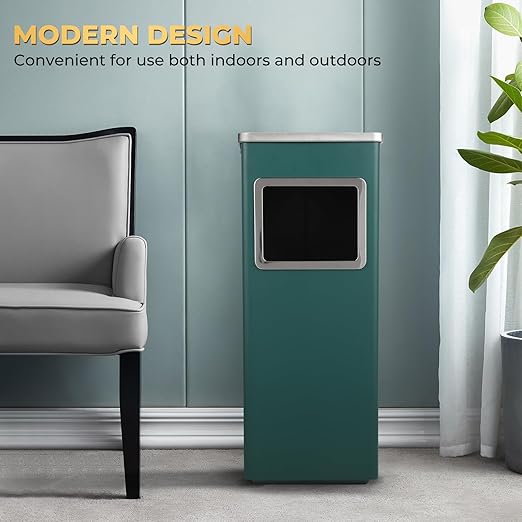 Trash Can Outdoor Waste Container Square Stainless Steel Trash Can with Removable Inner Bucket for Disposal Commercial Waste Container 9.45‘’ x 9.45‘’ x 24.02‘’-Green