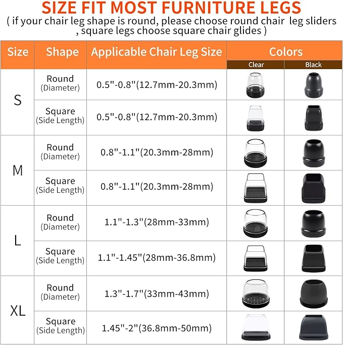 Ezprotekt 8 Pcs Large Clear Chair Leg Sliders for Carpet, Square Teflon Furniture Glides Pads Caps for Rug, Bar Stool Leg Protectors Covers for Table, Chair, Sofa Legs (XL Fit: 1.5" - 2")