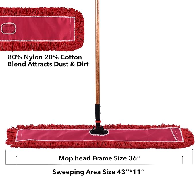 Matthew Cleaning 36'' Industrial Strength Cotton Dust Mop Refill Washable Replacement Heads for Residential & Commercial Use Fit Standard Dust Mop Frames, Hardwood, Concrete Floors Red 12 Pack