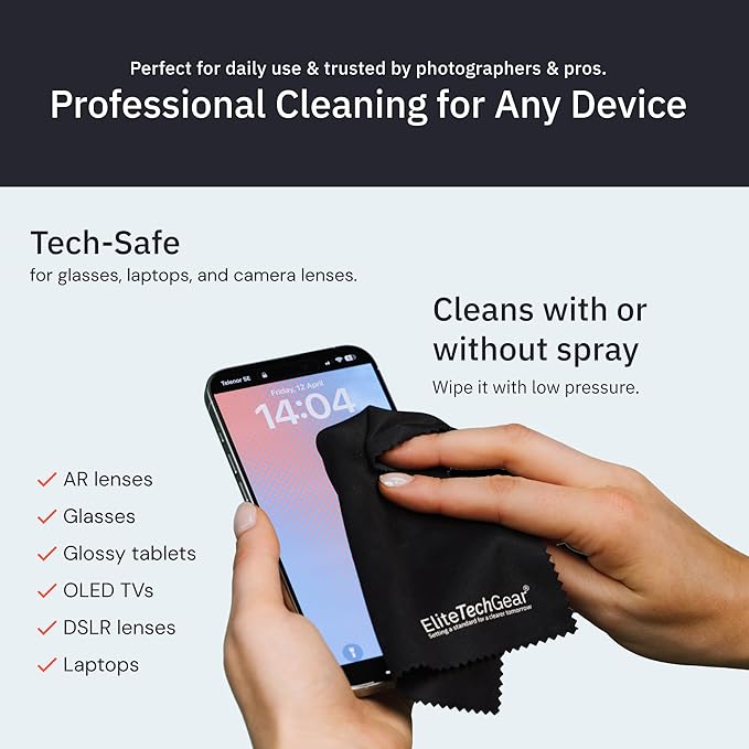 Elite Screens Microfiber Cleaning Cloth for Glasses & Electronics - 12" x 12", Pack of 4, Black - Lens Wipes, Eyeglass Cleaning Wipes & Lens Cloth for Smudge-Free Screens