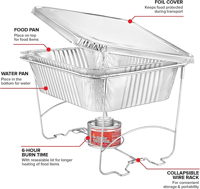 Complete Chafing Dish Buffet Set (39pc) Disposable Catering Supplies- Includes Serving Utensils, 6hr Fuel cans, 6 Half Size Chafing Pans & Wire Racks- Premium Party Food Warmer Trays