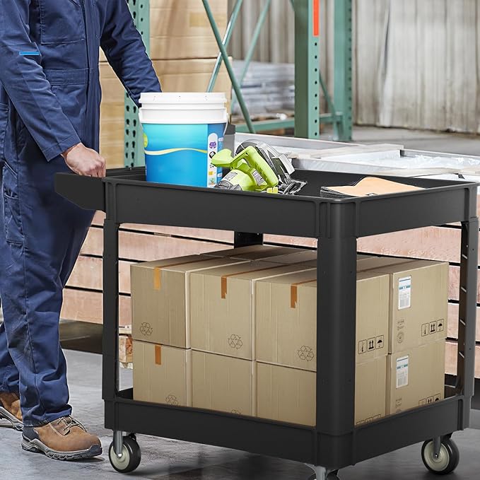 2 Tier Plastic Rolling Cart Utility Cart on Wheels, Heavy Duty Tool Carts with Ergonomic Storage Handle and Deep Shelfs, Work Cart Service Carts for Garage, Warehouse, Workshop, Office, Cleaning