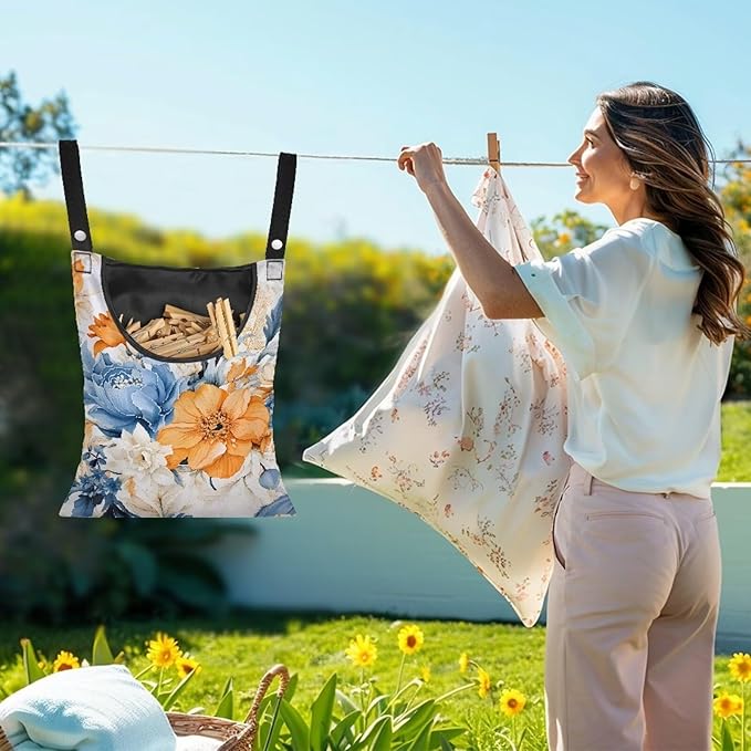 Art Flowers Clothespin Bag with Hanging Hook Summer Laundry Clothes Pin Holders Waterproof Clothes Pin Hanging Bag Clothespin Storage Organizer with Large Opening