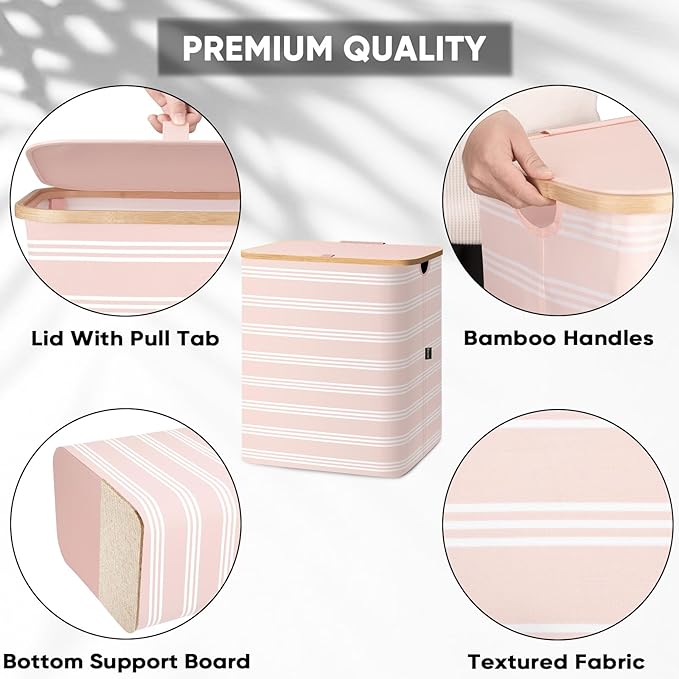 BALEINE Laundry Hamper with Lid, Tall Laundry Baskets with Bamboo Pull Handles, Large Laundry Bin with Internal Support (36 Gal/140L, Pink Pinstripe)