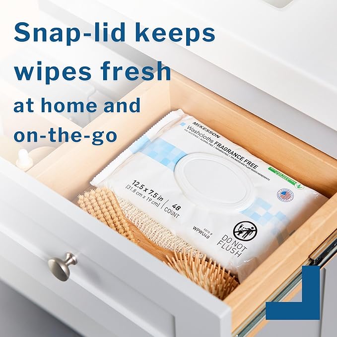 McKesson Washcloth Wipes for Adults, Unscented (6 Pack, 288 Washcloths) Disposable Wash Cloths for Body - Fragrance-Free No-Rinse Formula - Good for Incontinence and Elderly - 48 Wipes Per Pack