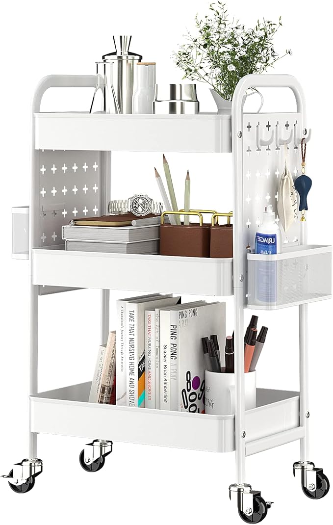 TOOLF 3-Tier Rolling Cart, Metal Utility Storage Cart with DIY Pegboards, Art Craft Trolley with Baskets Hooks, Serving Organizer Easy Assemble for Office, Home, Kitchen, Classroom (White)