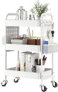 TOOLF 3-Tier Rolling Cart, Metal Utility Storage Cart with DIY Pegboards, Art Craft Trolley with Baskets Hooks, Serving Organizer Easy Assemble for Office, Home, Kitchen, Classroom (White)