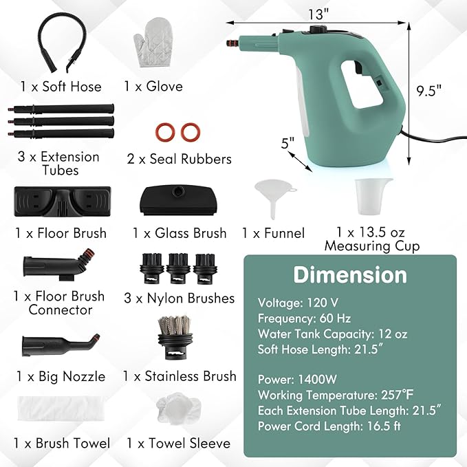 COSTWAY Handheld MultiPurpose Steam Cleaner with 17 Pieces, 350ml Large Capacity Steam Mop Continuous Fill water, Portable Chemical-Free Steamer for Home Use, Floors, Windows, 1400W, Green