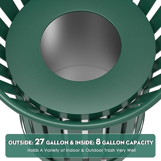 25.2IN Round Large Outdoor Trash Can, Heavy Duty Metal Slatted Garbage Can Outdoor, All Weather Resistant Commercial Garbage Cans, Waste Receptacle in Park, Beach, Patio, Green
