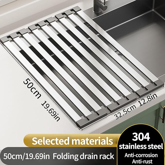 Foldable Dish Drying Rack, Over The Sink Dish Drying Rack ，Dish Drying mat，Dish Drying mats for Kitchen Counter，Stainless Steel Multifunctional mat (19.69×12.8in)