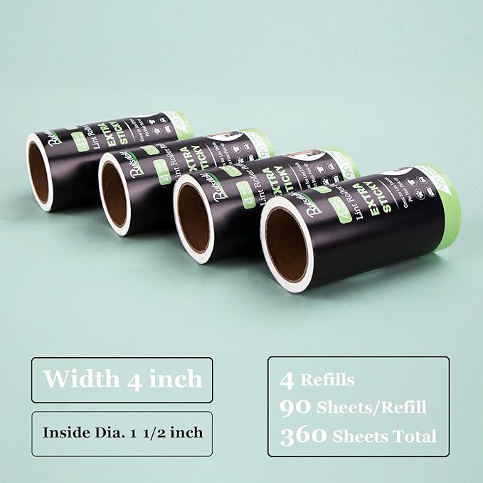 4 inch Lint Roller Refills for Amazon IKEA Evercare and Others, Extra Sticky Lint Remover Roller Refills 4 Pack, 90 Sheets per Refill, 360 Sheets Total (Inside Dia. 1 1/2 inch)