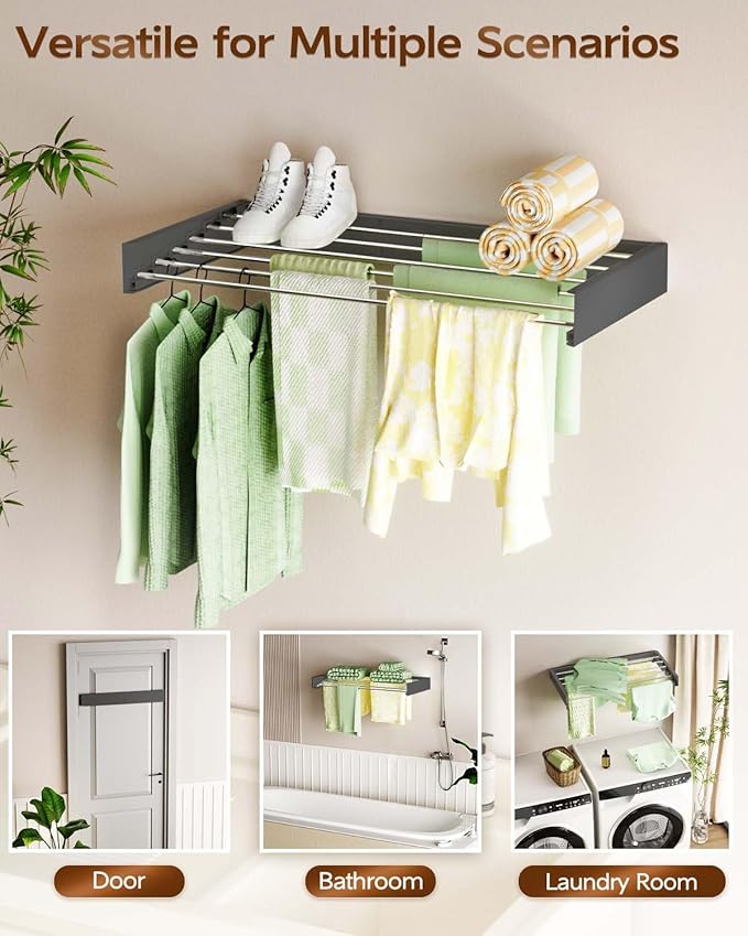 Wall Mounted Clothes Drying Rack 40", Foldable Wall Mount Laundry Rack Folding Indoor, Drying Rack Clothing Collapsible, Hidden Space Saver with Wall Template, 6 Rods, Black