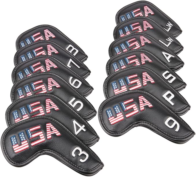 Golf Builder Black Leather USA Golf Club Iron Wedge Head Covers Fit All Brands