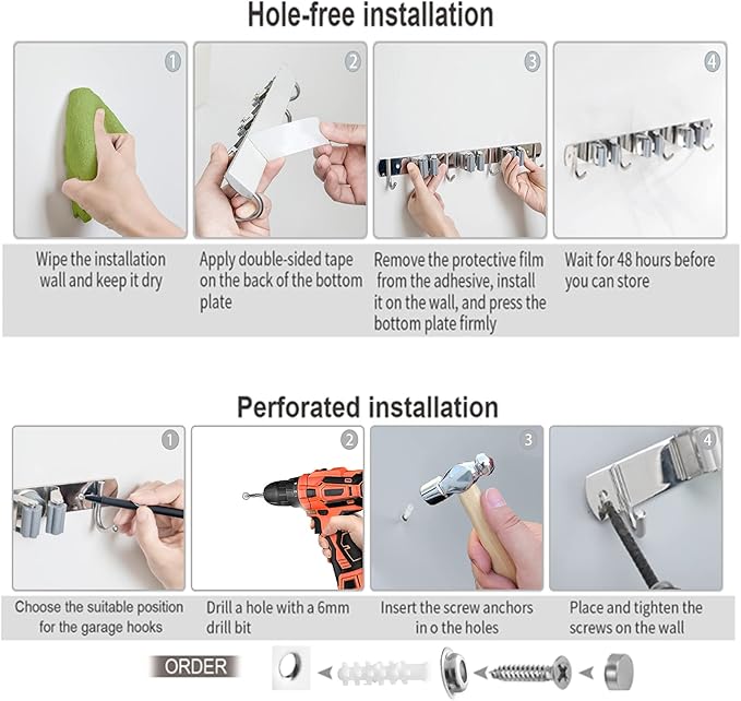 Broom and Mop Holder Wall Mounted, Broom Hanger Storage Rack, Stainless Steel Mop Hanger, Dustpan Holders with 2 Racks and 3 Hooks, Heavy Duty utility hooks for hanging brooms and mops