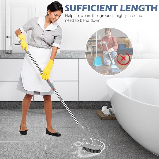 SetSail Floor Scrub Brush, 3-In-1 Tile Tub Floor Scrubber with 52-inch Adjustable Long Handle Shower Cleaner Brush and 4 Detachable Replacement Brush Heads for Cleaning Bathroom Kitchen Tub Tile, Grey