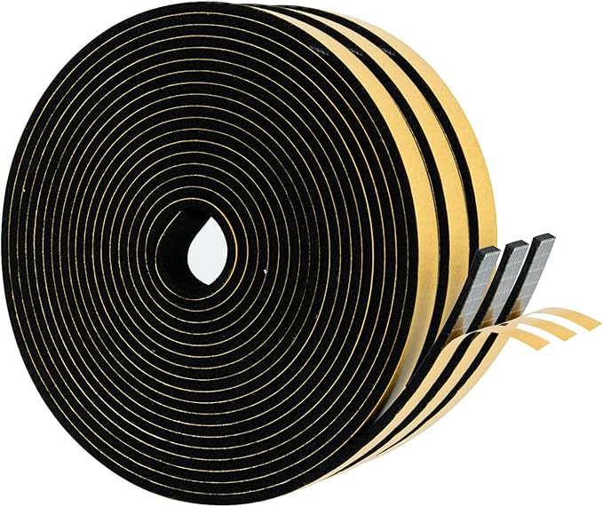 High Density Foam Weather Stripping Door Seal Strip Insulation Tape Roll for Insulating Door Frame, Window, Air Conditioner | Self Adhesive Sealing Weatherstrip (Black, 1/4 in 1/8 in 50 Ft)