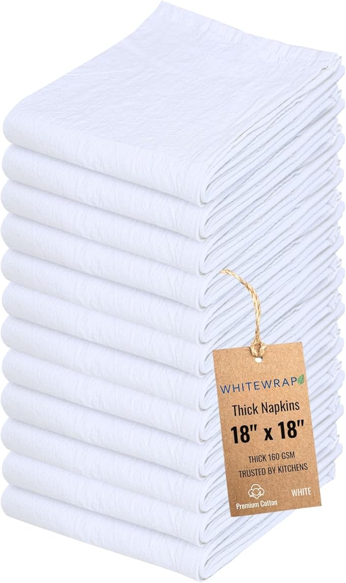WHITEWRAP Flour Sack Towels 100% Cotton Dish Towel Reusable Baking Cloth for Bread Dough, Baguettes, Ciabatta, Machine Washable, Kitchen Towels for Cleaning – Set of 12 (18"x18") - White