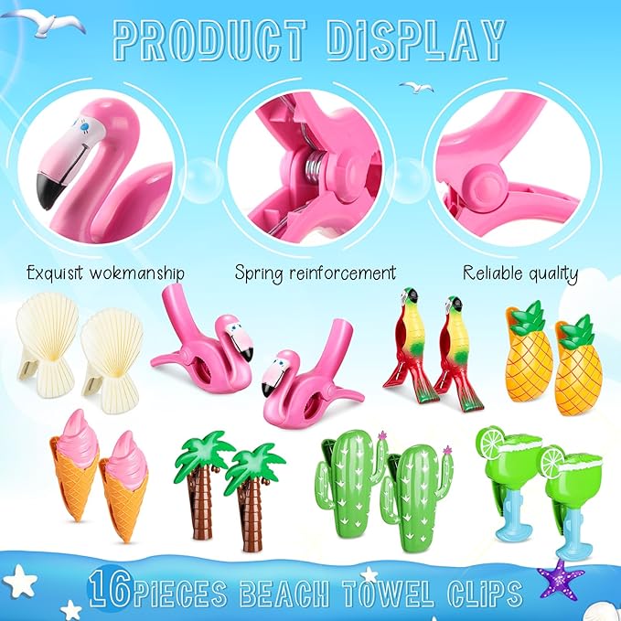 Rtteri 16 Pcs Beach Towel Clips for Beach Chairs Cute Towel Holder Cruise Clothes Pins for Lounge Chair Patio Pool, Assorted Style(Vivid)