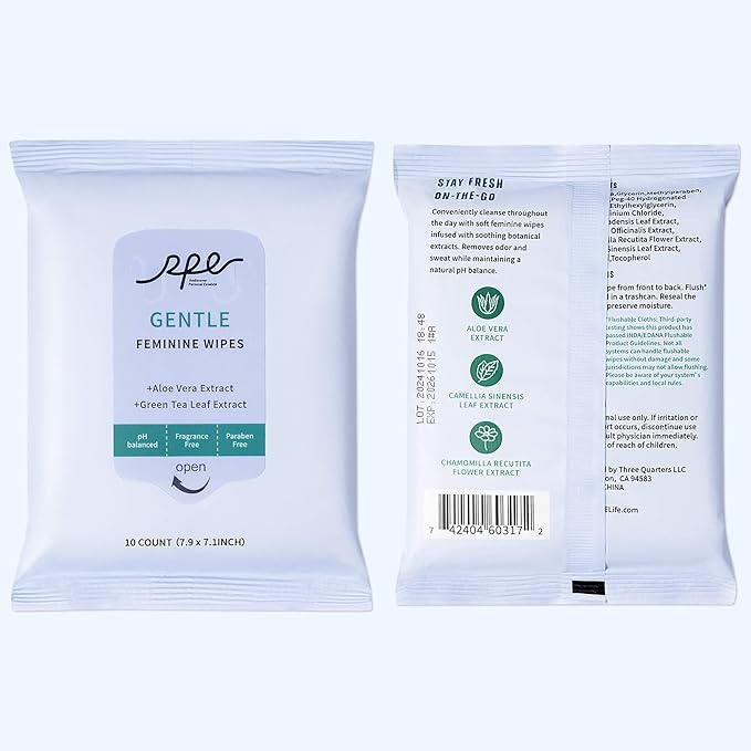 Large Feminine Wipes for Women, pH Balanced Soft Gentle Soothing Unscented Flushable Personal Hygiene Wipes for Intimate Period Care Portable to Go Sensitive Sanitary Wipes Travel (10ct, Pack of 4)
