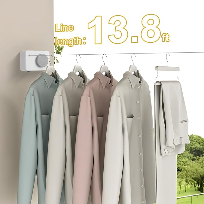 Retractable Clothesline Indoor/Outdoor, Anti-Sag for Drying Clothes Line Retracting Indoor/Outdoor, We Equipped This 13.8 Fts Laundry line Retractable with 4 Large Clips