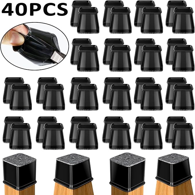 BUMACO Chair Leg Floor Protectors Square Chair Leg Protectors for Hardwood Floors 40Pcs Silicone Covers to Protect Floors Square (Black-L Fit 1-1/16" to 1-5/8")