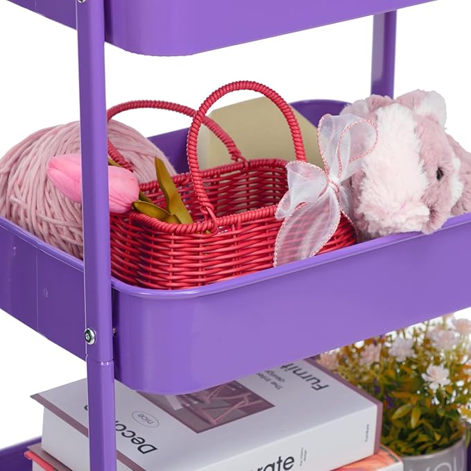 AGTEK Makeup Cart, Movable Rolling Organizer Cart, 3 Tier Metal Utility Cart with Lockable Wheels for Home & Office, Violet