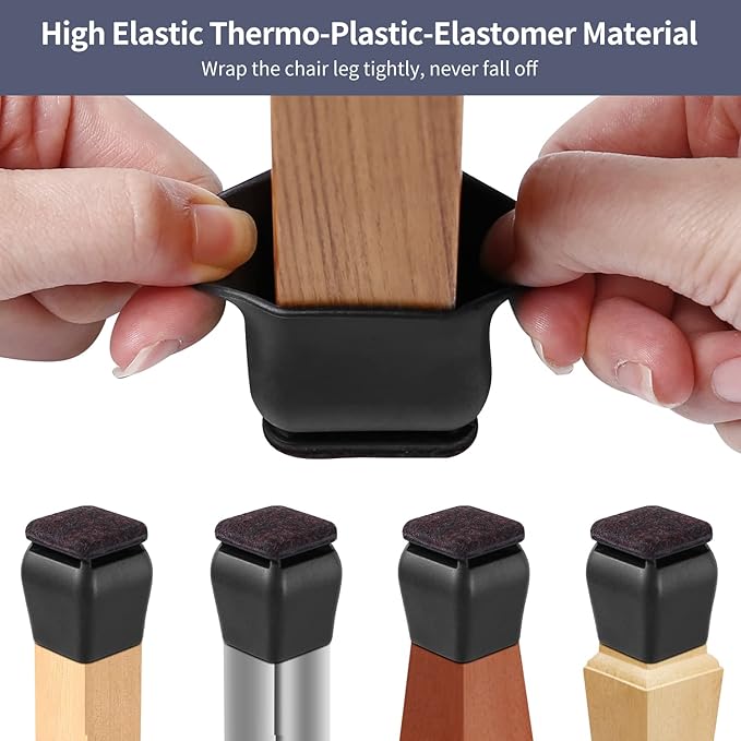 Ezprotekt 24 Pcs Square Silicone Chair Leg Floor Protectors, Felt Furniture Pads Covers for Table, Bar Stool Leg Floor Protectors Caps, Chair Socks Sliders for Wood Floors (Fit 0.8"- 1.1", Black)