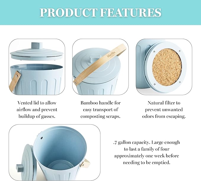 Martha Stewart Indoor Compost Bin | Countertop Composting Bucket for Kitchen | .7 Gallon Capacity | Includes Filter | Plant Based Materials | Charcoal Black