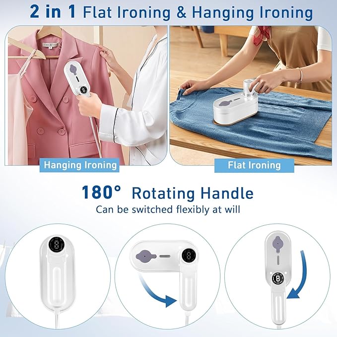 Travel Steamer for Clothes Portable Mini, 8 Steam & Iron Modes Iron Steamer, 2 in 1 Portable Steamer Support Dry&Wet Ironing, 15S Heating, 180° Rotatable Travel Steam Iron