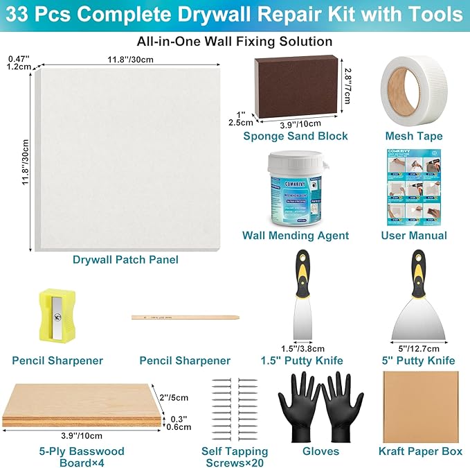 Drywall Repair Kit with 12"x12" Dry Wall Repair Panel, 33-in-One Drywall Patch Kit Wall Patch Repair Kit with Spackle, Mesh Tape, Putty Knives & Sanding Block for Wall Surface Ceiling Large Hole Fill
