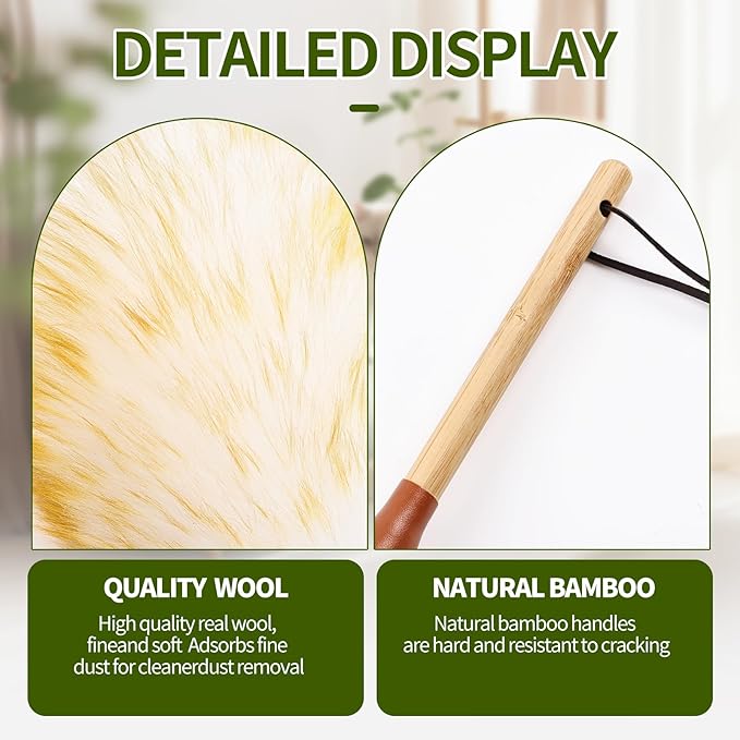 Natural Lambswool Duster 16 Inch Handheld with Wooden Handle Duster Dusting Tool for Blinds Electronics Furniture Delicate Surfaces (2Pcs)