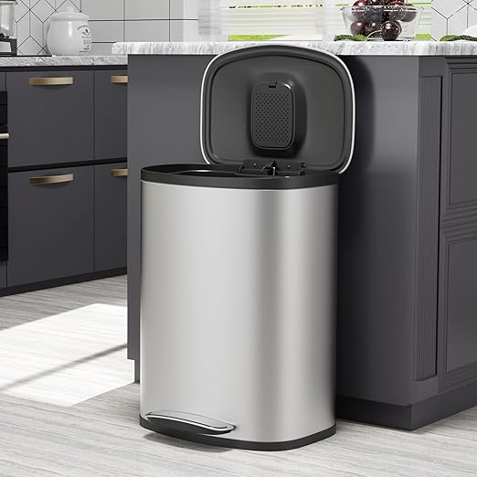 13 Gallon Stainless Steel Foot Pedal Large Trash Can with Soft Close Quiet Curved Surface Top Lid and Deodorant Storage Space, with 30 Garbage Bags for Kitchen/Home/Office Trash can and More - Silver