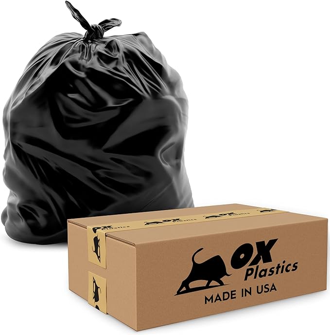 Ox Plastics 60 Gallon Trash Can Liners Garbage Bags - 100 Count & 2mil Thick Extra Heavy Duty Trash Bag Strength -Large Garbage, Leak-Proof & Durable