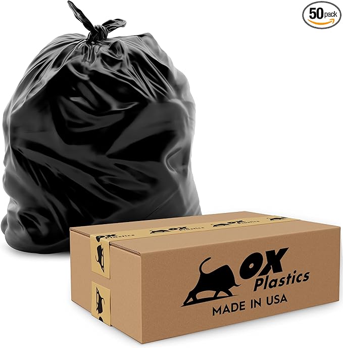 Ox Plastics 60 Gallon Trash Can Liners Bags - 50 Count Capacity & 2mil Thick Extra Heavy Duty Strength -Large Garbage, Leak-Proof & Durable Bag Black