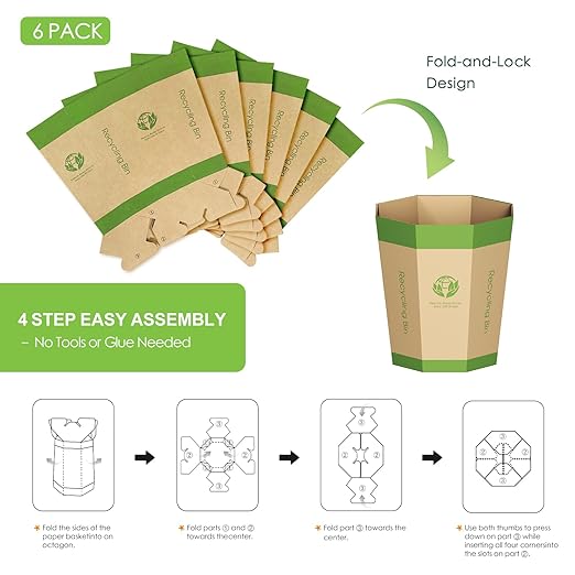 6-Pack Cardboard Trash Can – Foldable, Recyclable, Plastic-Free & Reusable Small Waste Paper Basket - Garbage Bin Perfect for Office, Bedrooms, Home, Events & Outdoor Activities (1.6 Gallon)