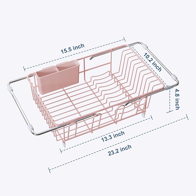 Over the Sink Expandable Dish Drainer Drying Rack In Stainless Steel for Small Kitchen, Counter Space Saving Compact Metal Above Plate Dryer Strainer, Pink Adjustable Hanging Inside Drain Holder