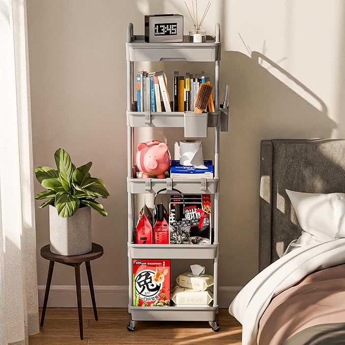 5 Tier Rolling Cart Organizer,Bathroom Cart Organizers with Wheels Laundry Room Organization Mobile Shelving Unit Utility Cart Storage Shelves Multi-Functional for Office, Home(Grey)