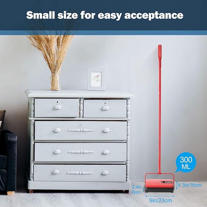 Eyliden Carpet Sweeper, Mini Size Lightweight Hand Push - No Noise, Non-Electric, Easy Manual Sweeping Only for Carpet Cleaning (Red)