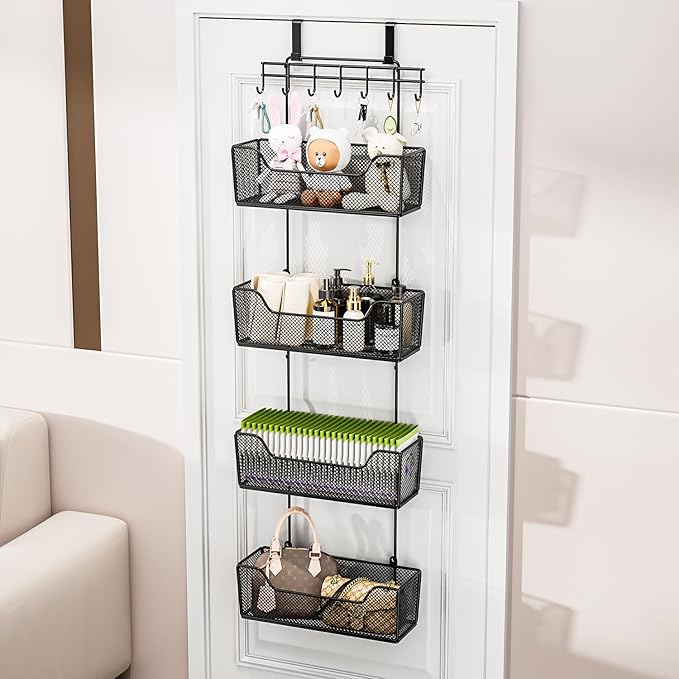 HapiRm Over The Door Organizer - Hanging Door Organizer with 4 Metal Large Capacity Baskets and Adjustable Coat Hook for Bathroom Bedroom Kitchen Pantry Closet Cabinet