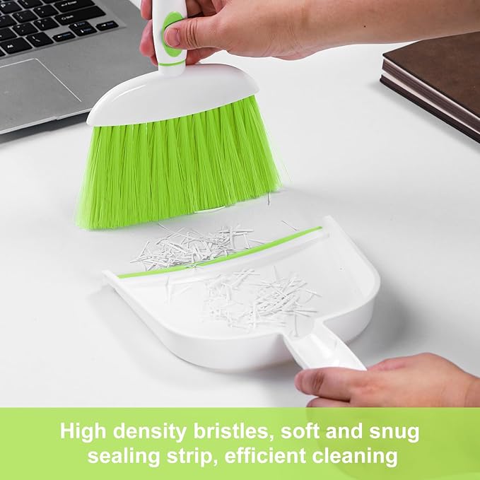 NACENA Small Dust Pan and Brush Set, Mini Broom and Dustpan Set Small Hand Broom and Brush Combo Dust Pan with Teeth for Home Cleaning Drawers Desktop Sofas Pet Care and Outdoor, Green