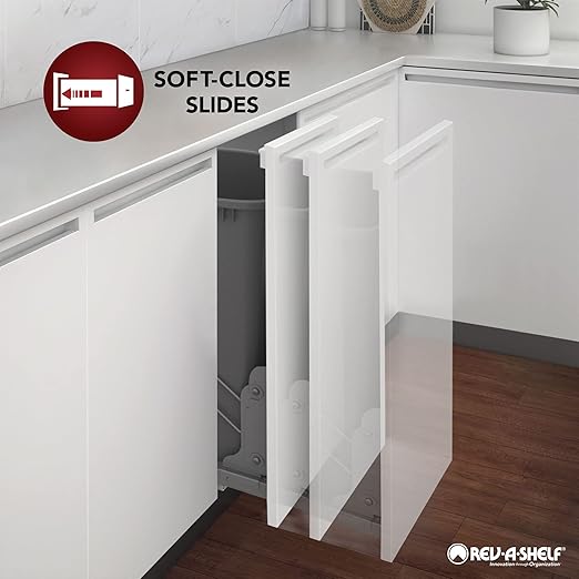 Rev-A-Shelf Double Pullout Trash Can for Base Kitchen Cabinets 27 Quart 12.5 Gallon with Soft-Close Slides, Champagne, 53WC-1527SCDM-212