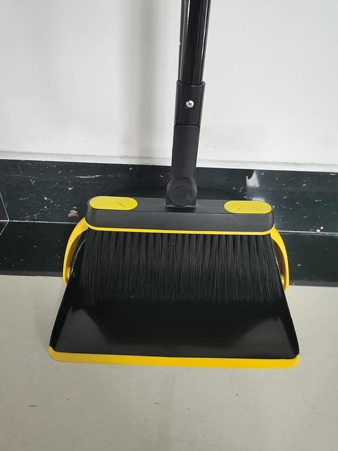 JEHONN Broom and Dust Pan, 54.3 inches Long Handle Swivel Brush, Upright Foldable Dustpan with Comb Teeth for Home Kitchen Lobby Indoor Floor Cleaning (Black & Yellow)