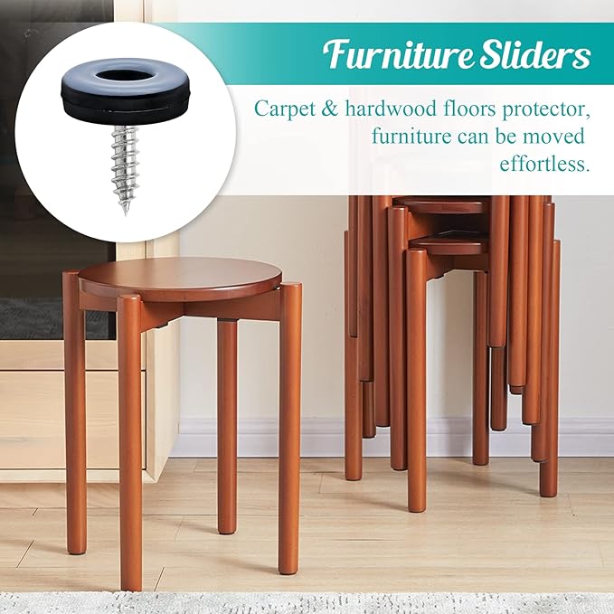 24pcs 1" (25mm) Screw on Furniture Sliders, Teflon Chair Leg Slides, Round Furniture Glides with Screws for Hardwood Floors Protectors (Gray/Black)