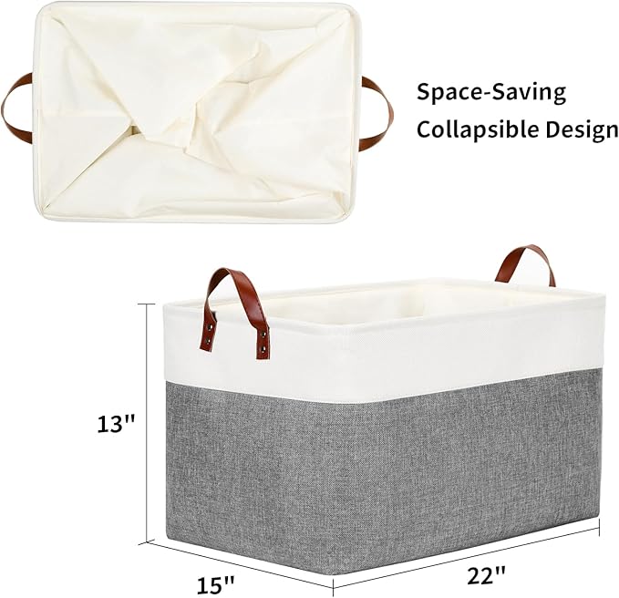 DULLEMELO Extra Large Storage Basket for Organizing, 70L Oversized Storage Bin Foldable Canvas Fabric Blanket Basket, 22" x 15" x 13" Large Kids Toy Basket Organizer with Handles (White&Grey)