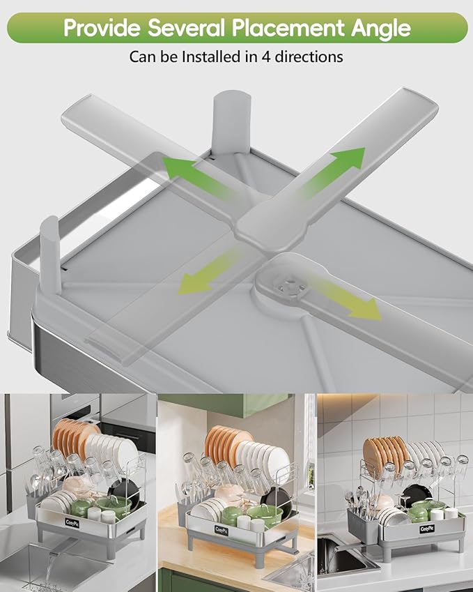 2 Tier Dish Drying Rack, Thicker Premium 304 Stainless Steel Dish Racks for Kitchen Counter, Automatic Drainage Spout, Dish Drainer & Drainboard Set with Utensil Holder and Cup Holder, Grey