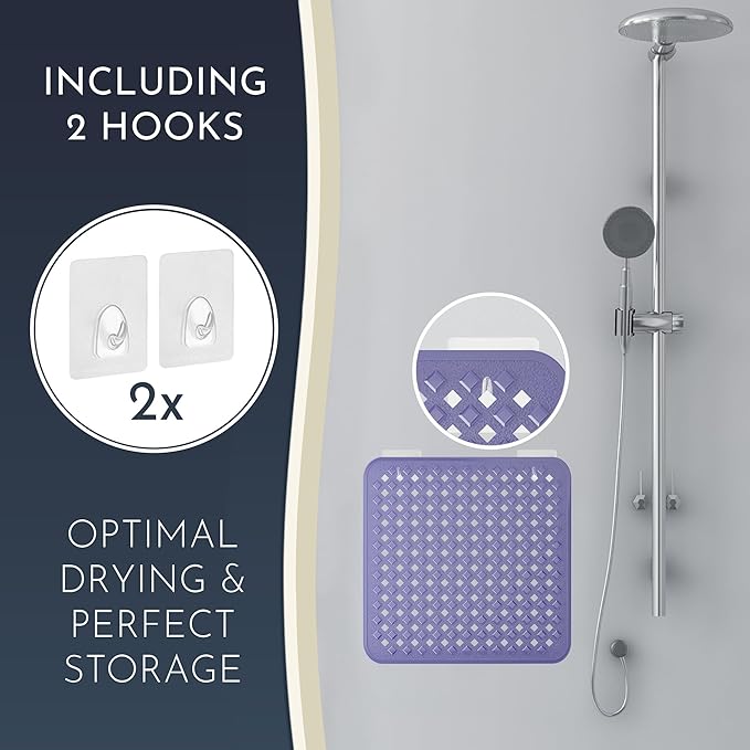 Homerella Anti Slip Shower Mat | Anti Mold Non Slip Bathtub Mat for Inside Shower | Square Floor Shower Mat 21 x 21 inch with Suction Cups for Grip & Hooks Hanging and Quick Drying | Machine Washable