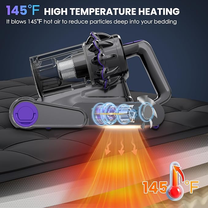 Mattress Vacuum Cleaner, 16Kpa Bed Vacuum Vleaner 253.7nm UV-C Light, 145°F Heat, HEPA Filter & Ultrasonic, Versatile Handheld Vacuums for Bed, Sofa, Couch, Crib (Corded,600W)