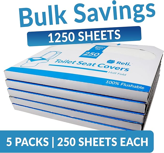 Reli. Toilet Seat Covers (1250 Pcs, 5 Packs of 250) | Disposable Toilet Seat Cover - Flushable - 14x16" (Half-Fold) | Paper Liners for Restroom, Bathroom, Travel, Camping, Kids Potty Training