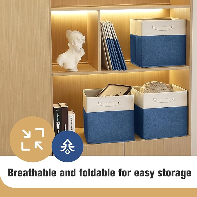 13 x 13 Inch Fine Linen Storage Bins with Handles，Fabric Cube Boxs，Collapsible Basket Organizers for Shelves for Home, Closet Drawers (White/Blue-6 Pack)