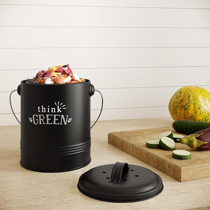 Barnyard Designs Compost Bin for Kitchen Counter - 1.2 Gallon Countertop Composter with Extra Smell-Absorbing Filters and Inner Bucket for Easy Cleaning - Food Waste Bin for Kitchen with Lid (Black)